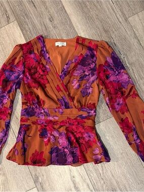 sofia by sofia vergara Rust Floral Wrap Blouse with Pink & Purple Flowers
